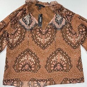 NWT WHBM Brown Pink Paisley Boho Blouse Medium